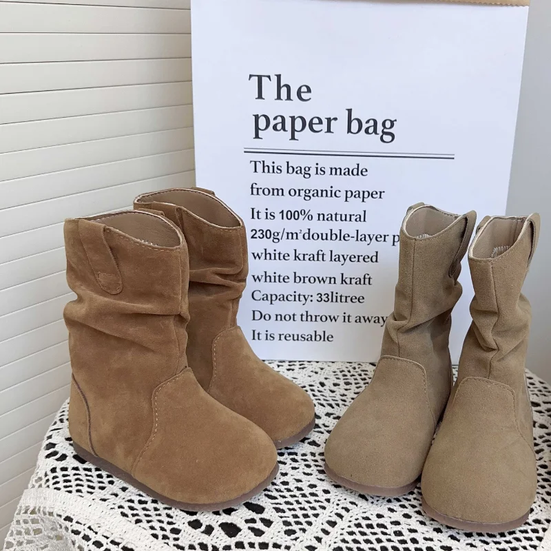Girls Fashion Boots Children Soft Sole Winter Bootie Kid Trendy Faux Suede Cowgirl Botas Baby Toddler Slip-On Classic Light Boot