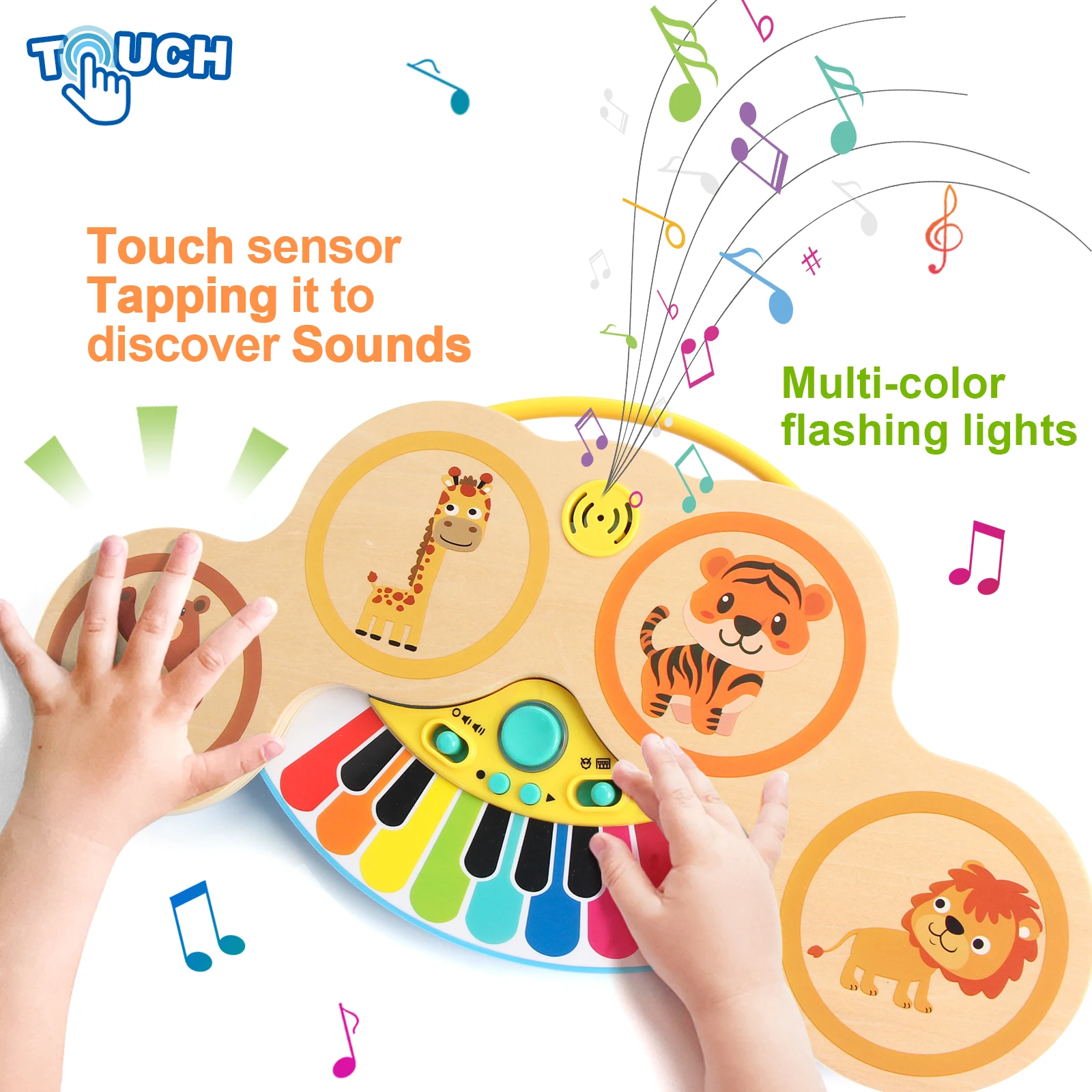 Wooden 2in1 Keyboard Piano Clapping Drum with Light & Music Cartoon Animals Music Toys Educational Toys for 12 months Baby Gifts 3