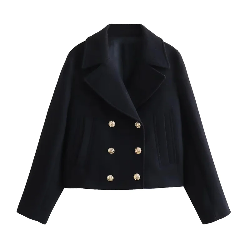

TRAF Black Commuter Wool Blend Double Breasted Coat Woman Casual Lapel Long Sleeves Crop Coat Autumn Warm Gold Buttons Outwears