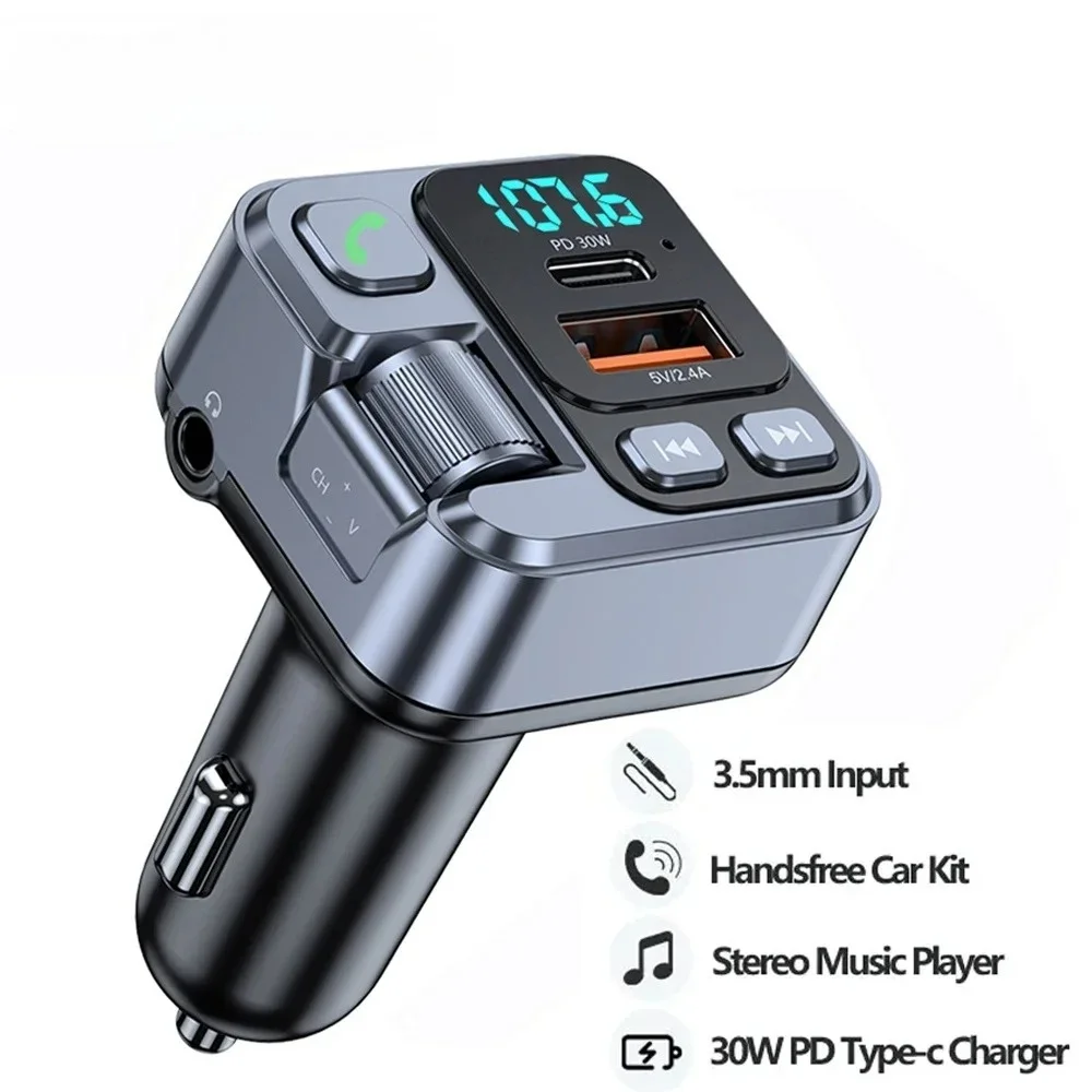 USB C Car Bluetooth Receiver USB Cellphones Charger PD 20W Fast Charging Digital Display Car Mobile Phone Adapter FM Transmitter