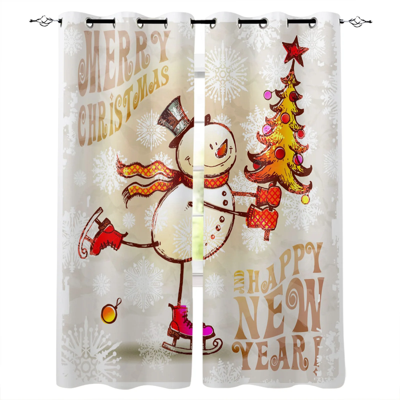 

Happy New Year Merry Christmas Skating Snowman Blackout Curtains Window Curtains For Bedroom Living Room Decor Window Treatments