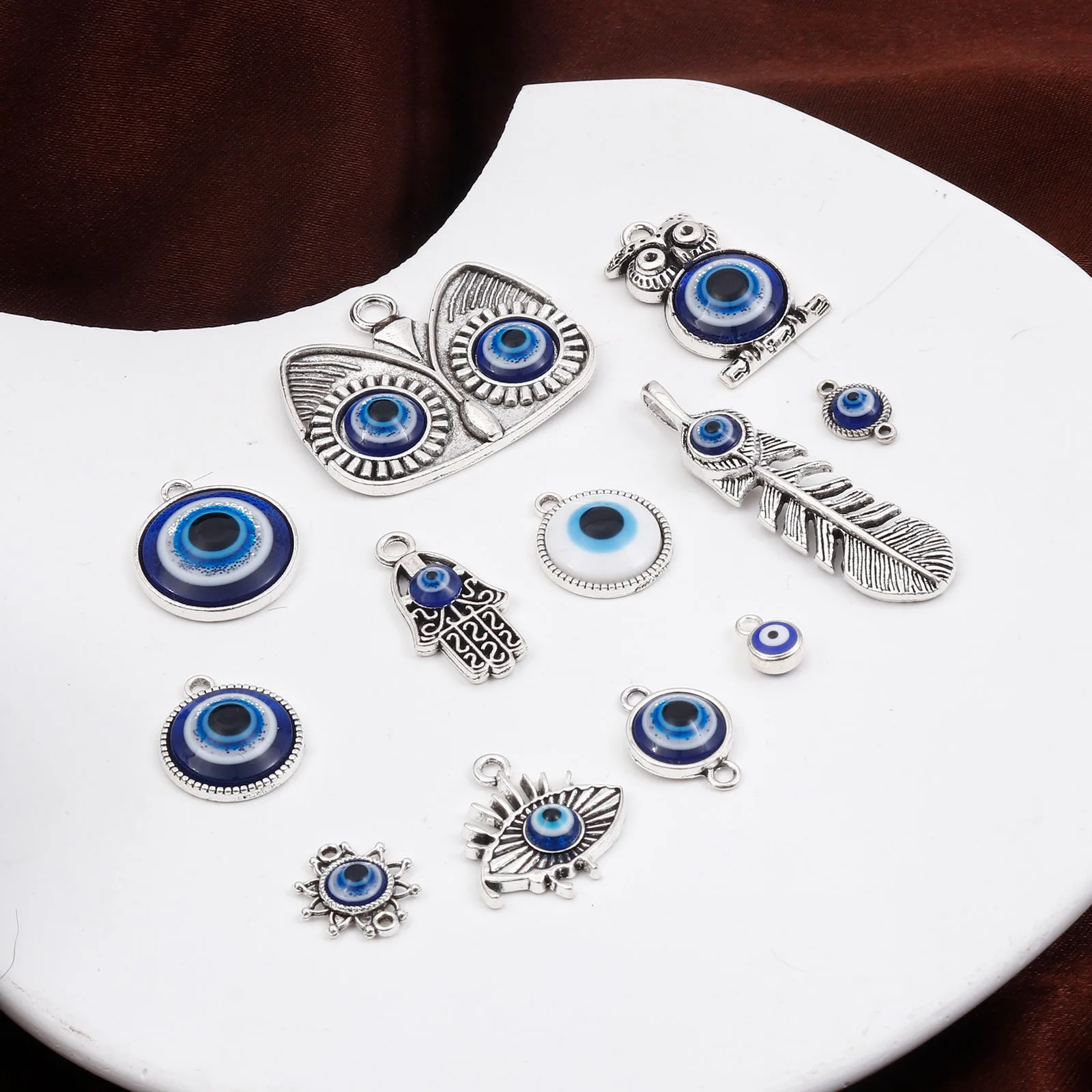 10PCs Vintage Religious Charms Blue Eye Antique Silver Color