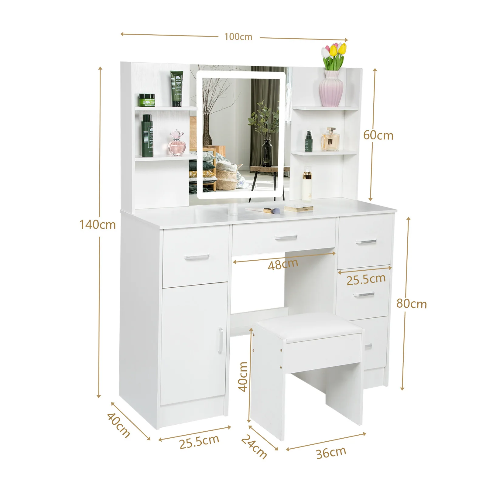 Makeup Vanity Table with Drawers, Vanity Desk Set with Shelves, Dresser Desk and Cushioned Stool Set White