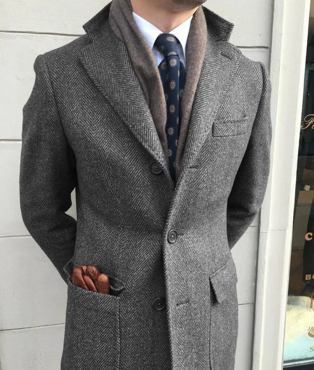 Men's Windbreaker Classic Herringbone Tweed Wool Blend Suit Jacket Winter Warm Long Coat Outdoor Sports Coat erkek mont 2