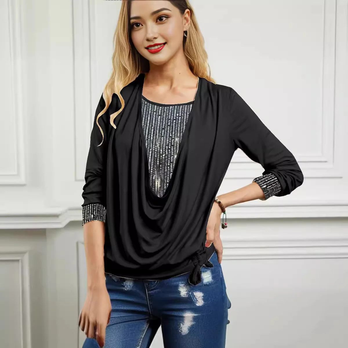 Sequined Patchwork Long Sleeve Loose Fit Women Tshirt