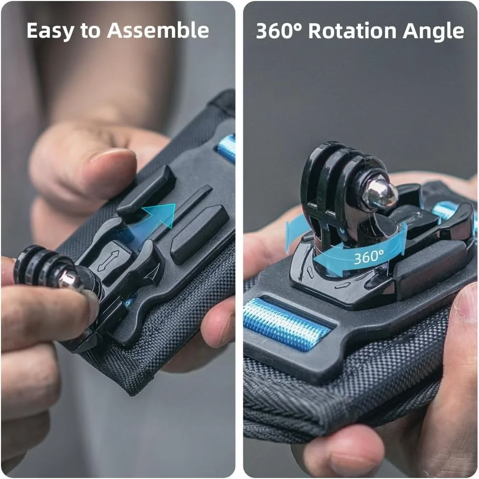 Support rotatif 360° pour sac à dos en action, filmant une descente à vélo avec un angle parfait.