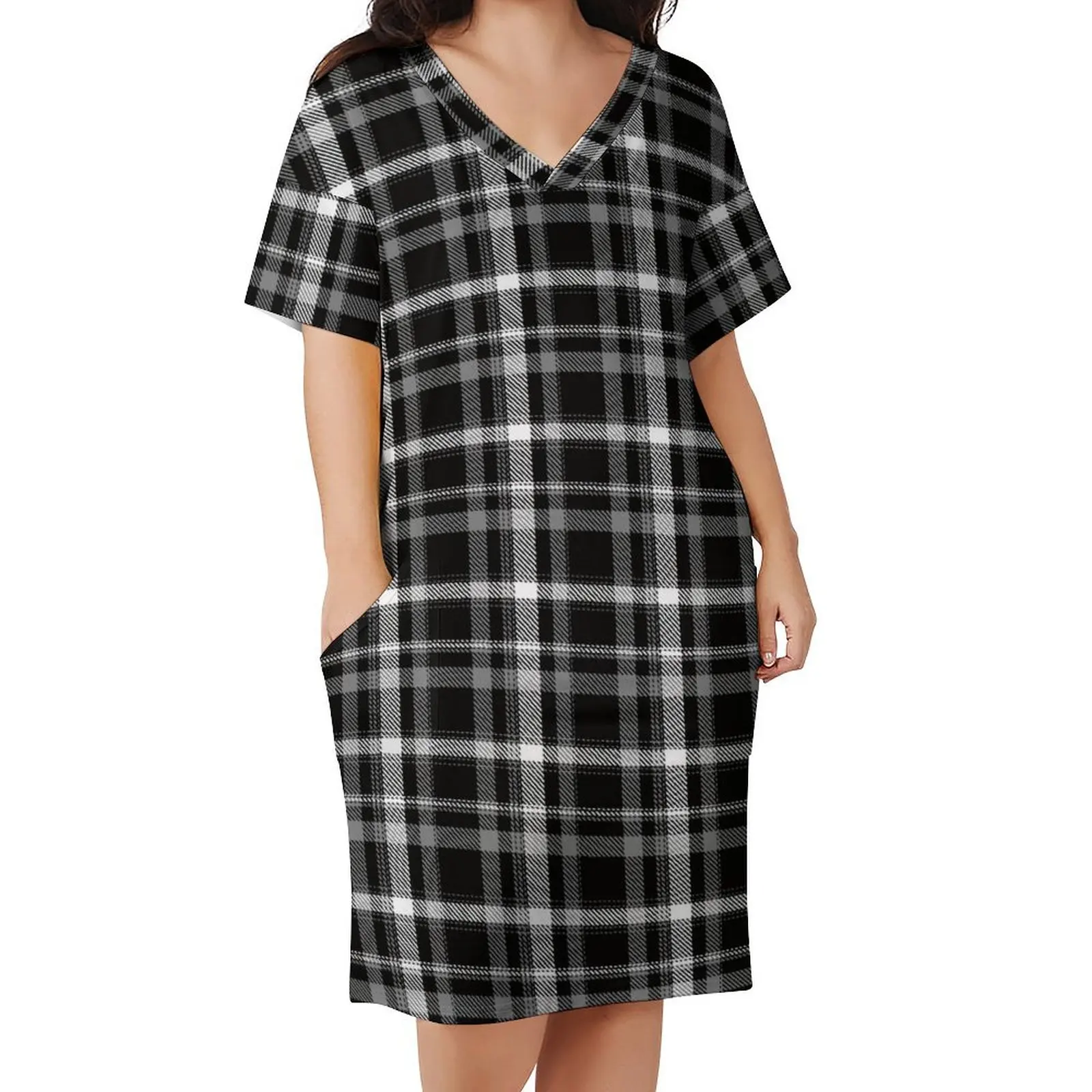 

Retro Plaid Dress Ladies Black And White Check Korean Fashion Casual Dress Summer V Neck Sexy Oversized Dresses Birthday Present