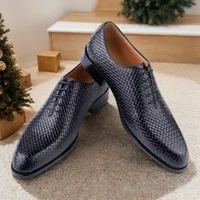Men Oxford Luxury Grid pattern Pattern Shoes Pointed Toe Classic High Quality Stylish Cow Leather Handmade Lace Up Daily Zapatos