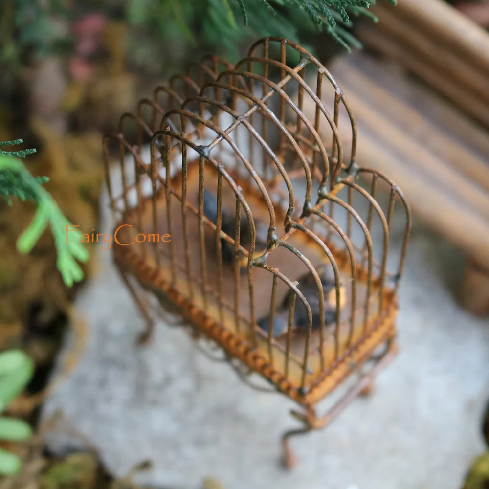 Vintage-Style Rusty Birdcage Ornament with Birds