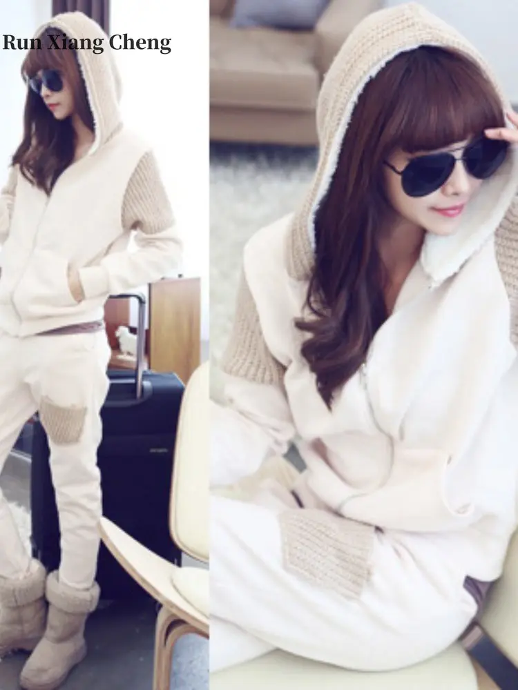 Women's Sweatshirt Set Fall Winter 2023 New Free Shipping Thickened Korean Fashion Two-piece Home Casual Style Hooded Sweatshirt