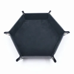 Foldable Hexagonal PU Leather Dice Tray with Flannel Lining - Portable Storage Box for Tabletop Games and Office Accessories (Black)