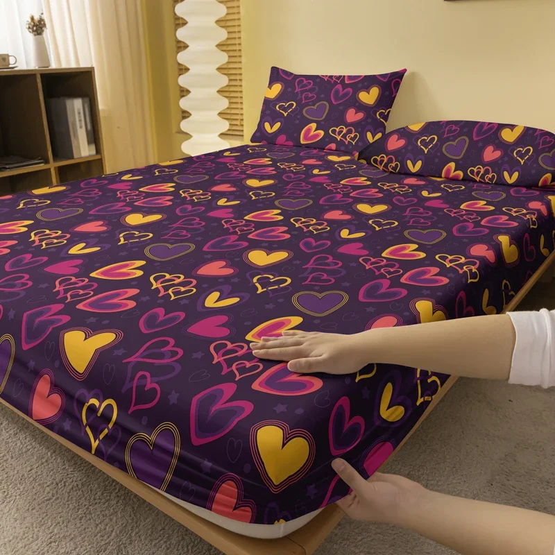 1pc Ring Heart Cover Pattern Brushed Fitted Sheet, Bedroom Printed Bedspread, Bedding (not include pillowcase) 2