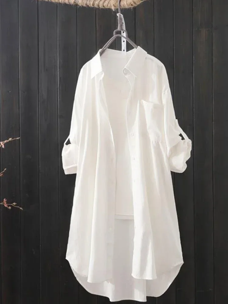 

2024 New Women's Spring and Autumn Cotton and Linen Shirt Loose Long-sleeved Shirt Thin Outside with A Medium Long Coat