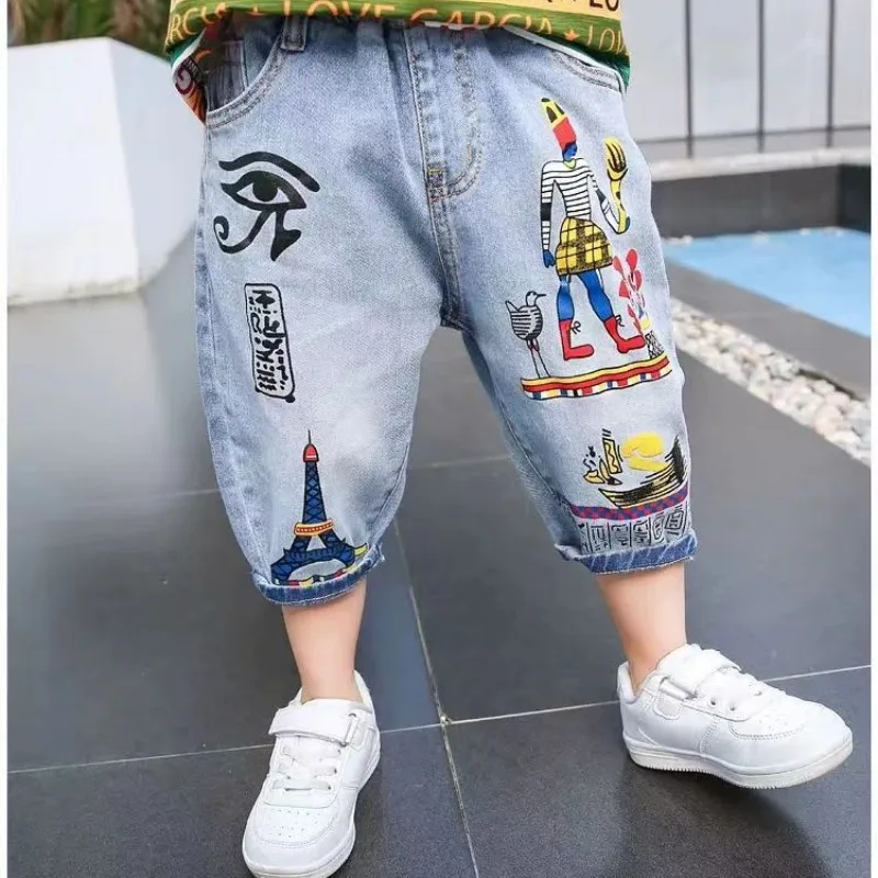 Loose Jean Shorts for Kid Boby Summer Casual Cartoon Printed Denim Short Children Cotton Short Pant For Teen Boy 2 4 6 8 10 12Y