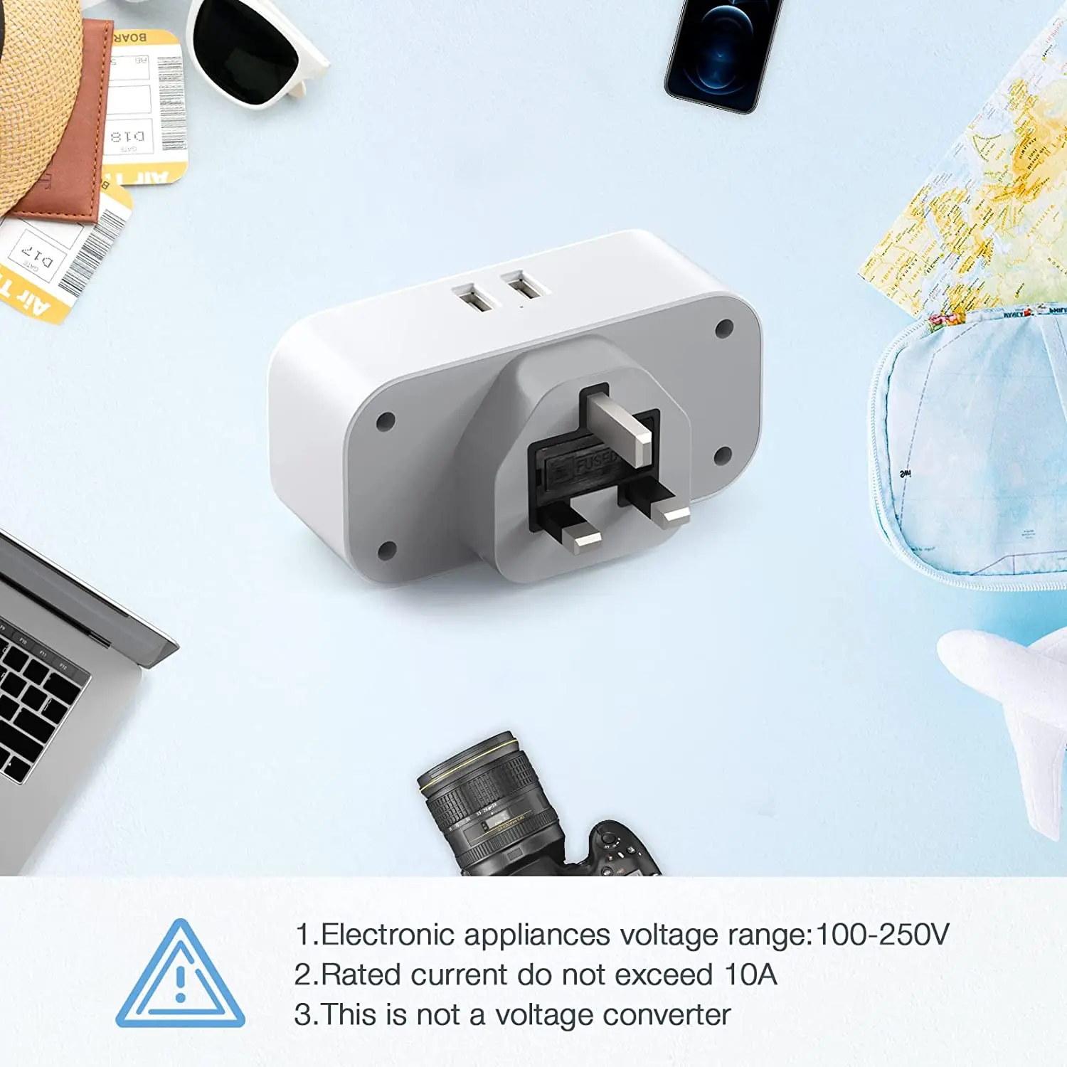 TESSAN Adaptateur Prise Anglaise, Adaptateur Prise UK avec 3 USB