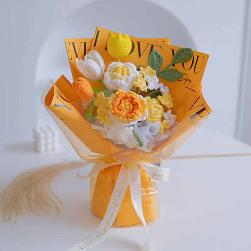 

Hand-woven Wool Bouquet Finished Peonies Mixed with Artificial Flowers Home Decor Decoration Table Baptême Sunflower Wedding