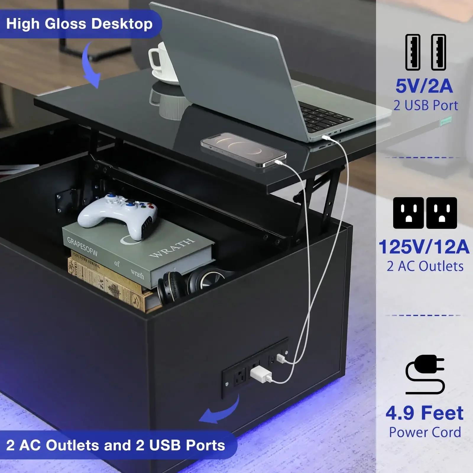 LED Coffee Table with USB Ports and Outlets Lift Top Coffee Tables with Storage High Modern Center Table for Living Dining Room 5