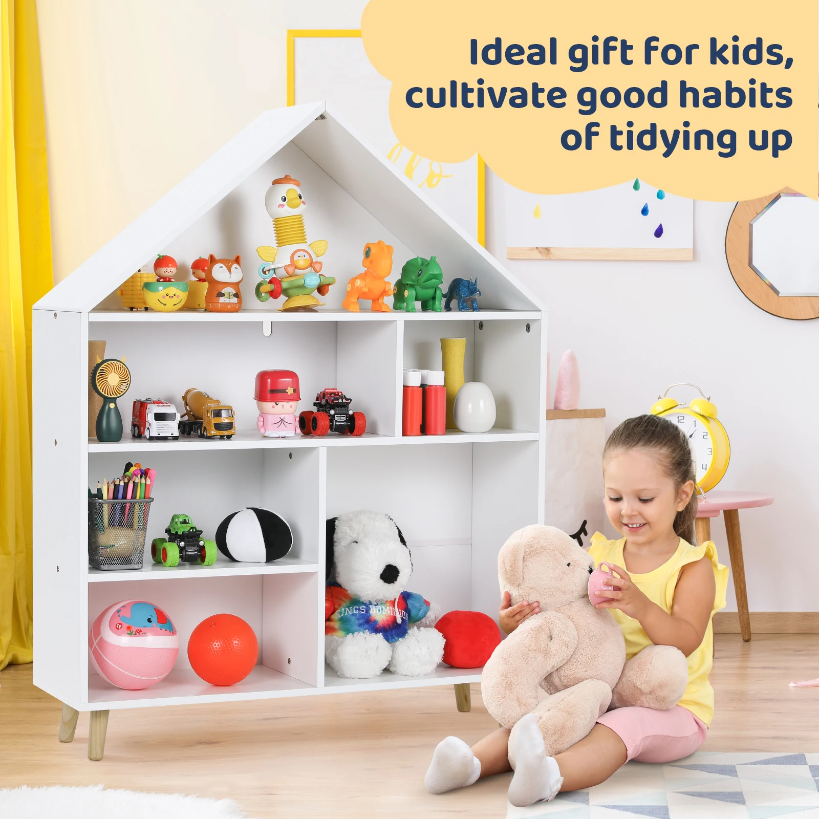 Toy and Book Organizer for Kids Wooden Storage Display Cabinet Bookshelf w/6 Open Shelves for Playroom, Classroom, Living Room 6