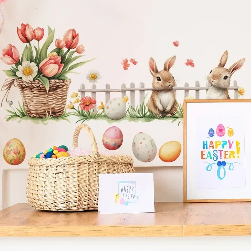 Easter Removable Wall Stickers Bunny & Basket Decor Self-Adhesive PVC Decals for Bedroom/Dorm No Residue Home Decor