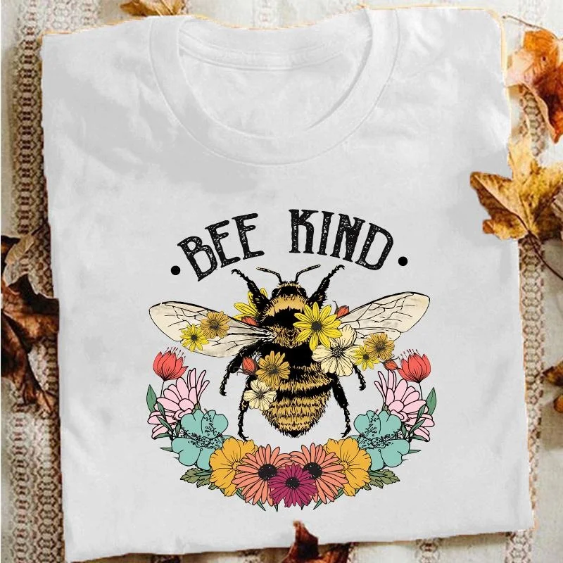 

Cute Bee Be Kind Graphic Printed T-shirts Women Fashion Round Neck Tee Shirt Streetwear Casual Loose Short Sleeve Top