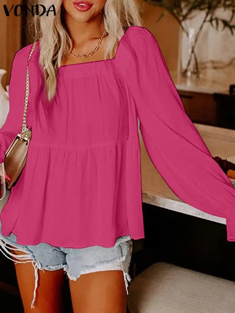 

Fashion Office Blouse Women Tunic Autumn Ruffled Tops 2023 VONDA Elegant Long Puff Sleeve Shirts Casual Square Collar Blusa