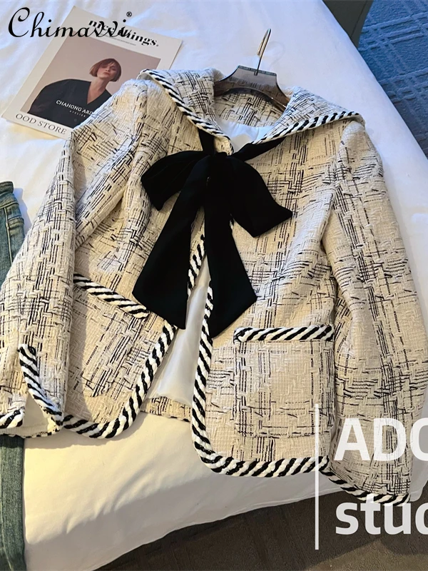 

Fashion Navy Collar Tweed Coat for Women Ribbon Bowknot Loose Long Sleeve Elegant Feminine Jackets 2023 Autumn Winter New