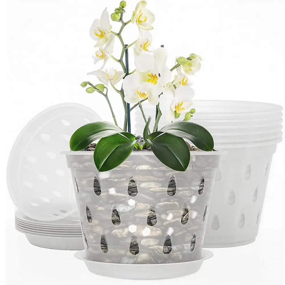 Flowerpots Garden Supplies Transparent Orchid Pots with Side Holes Trays Reusable Plastic Planters for Flowers Wide Application - Image 4