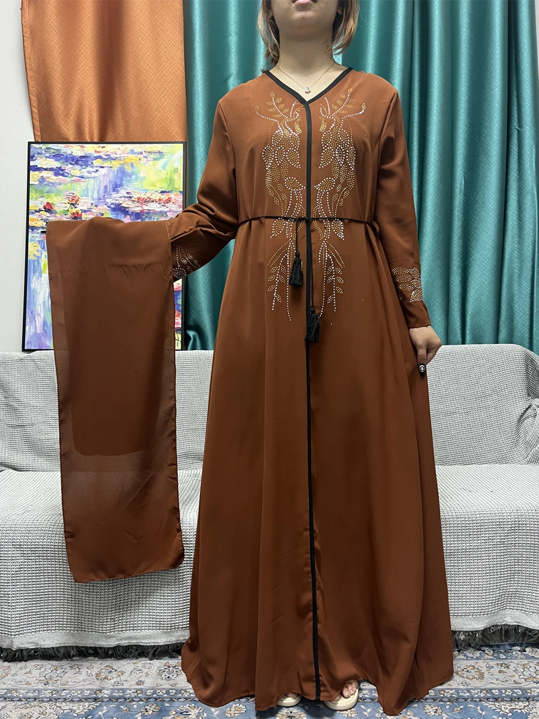 Muslim Abayas For Women Dubai Islam Pure  Set Auger Chiffon Ramadan Loose Fit Femme Robe African Nigeria Dress With Belt Turban