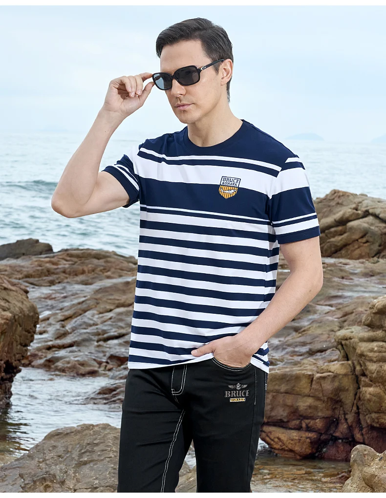 New Straight Men's Short T-shirt Round Neck Bruce&Shark Fashion Men's Stripe Tee Stretch Cotton Summer Breathable Tops Big Size 20 S146925c008404abbb742008cecf1f1c8I