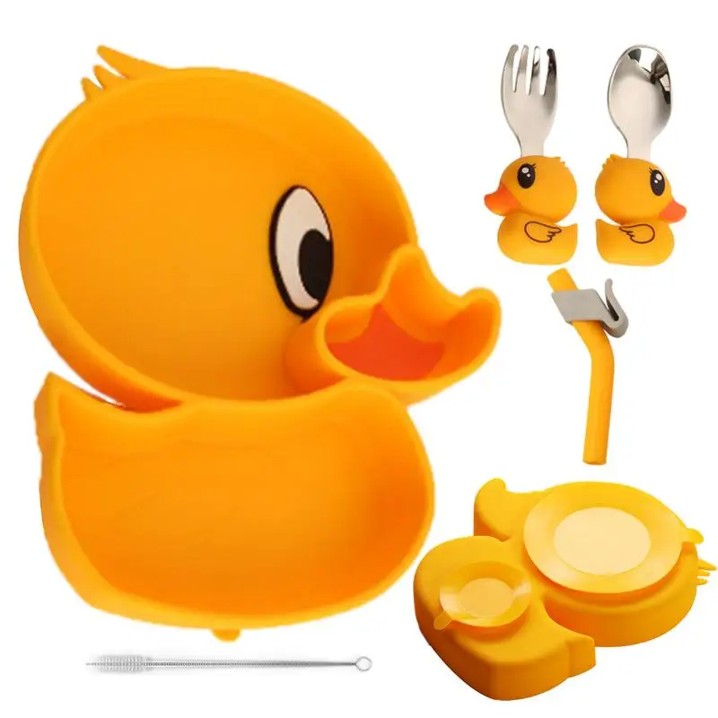 

Silicone Suction Plate Cute Duck Silicone Baby Plates Divided Kids Baby Plates Unbreakable Microwave & Dishwasher Safe Non-slip