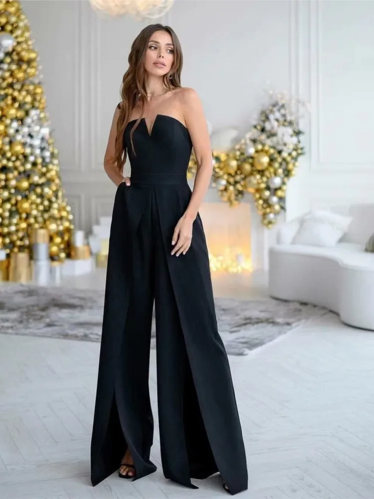 Fashion Solid Color Slim Tube Top Jumpsuits Women Sexy V-neck Backless Splicing Slit Flared Jumpsuit Temperament Ladies Clothing