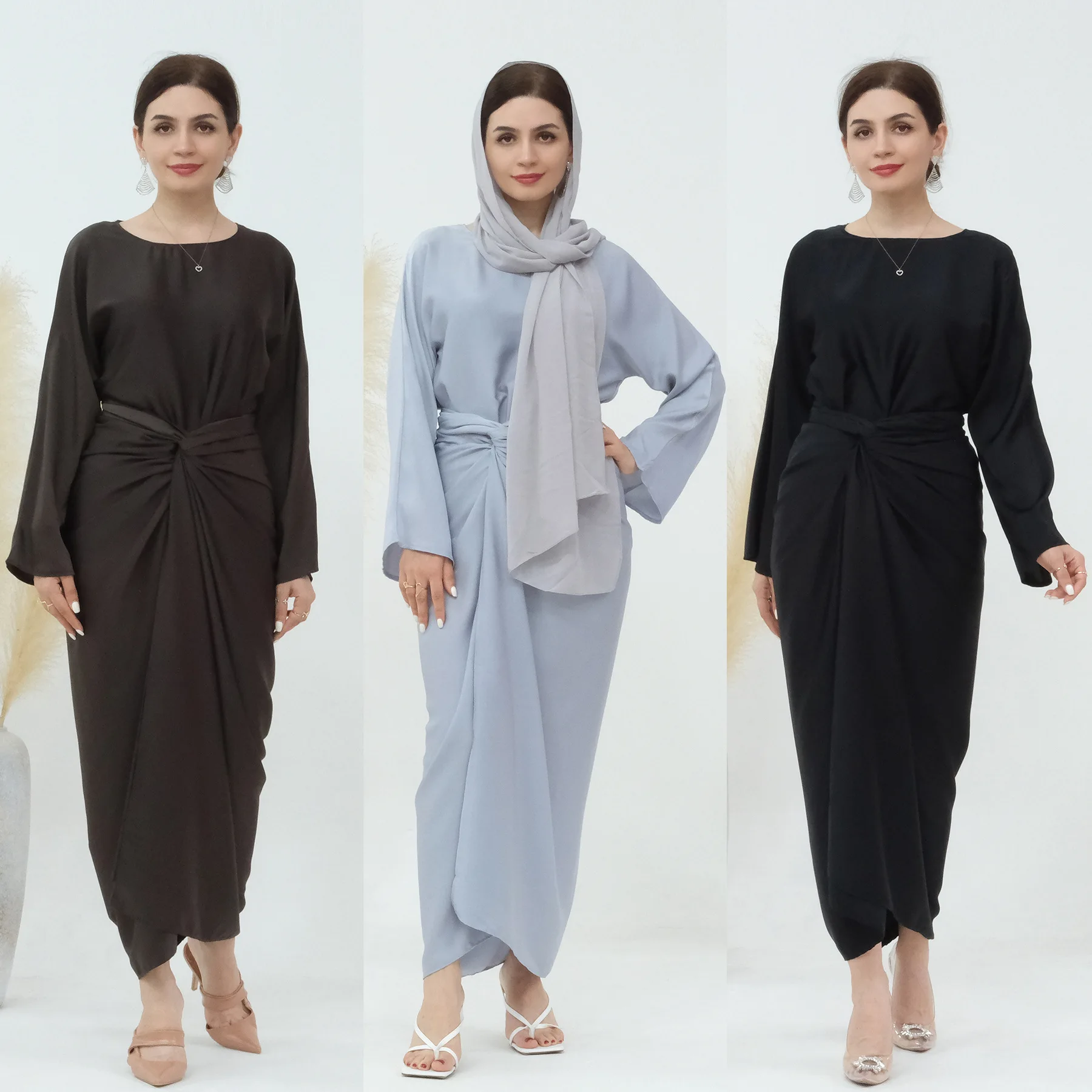 

Ramadan Eid Djellaba two pieces Muslim Sets Baju panjan Dress Dubai Jersey Silky Abaya Dubai Turkey Muslim Dress Islam Robe