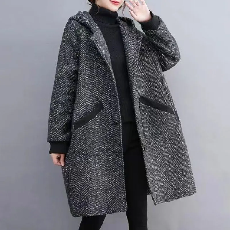 Women's Autumn Winter Fashion Solid Color Hooded Panel Button Pocket Korean Long Sleeve Loose Medium Length Plush Thickened Coat