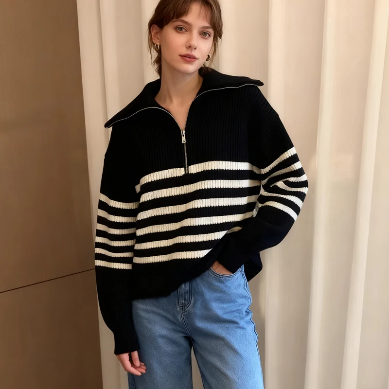 Autumn and Winter Lapel Zipper Semi-open Placket Women's Long-sleeved Striped Sweater Black and White Fashion Casual Knitwear