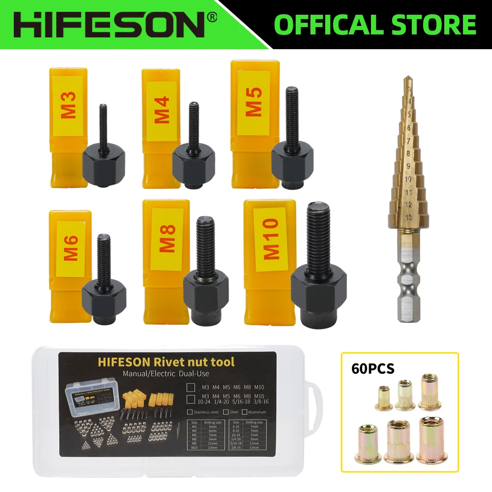 Rivet Nut Tool Rivet Nuts Set HIFESON Rivet Nut Tool Hand Nuts Riveter Rivnut Tool With Step Drill Accessory Rivet Nuts For Nuts M3 M4 M5 M6 M8 M10