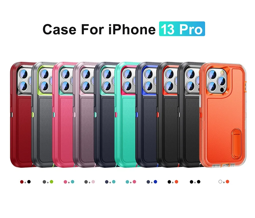 For iPhone 14 12 13 Pro Max Protective Case 3 In 1 Hard PC+Soft Anti-drop Cover With Contrast Colors Holder For Samsung S22 Plus