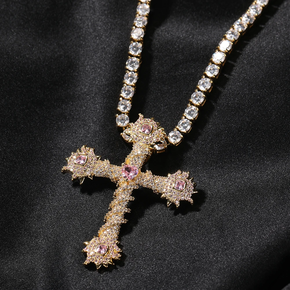 THE BLING KING Spiny Cross Pendant Necklace Iced Out Pink Cubic Zirconia Choker Hihop Jewelry For Girls Women Gift