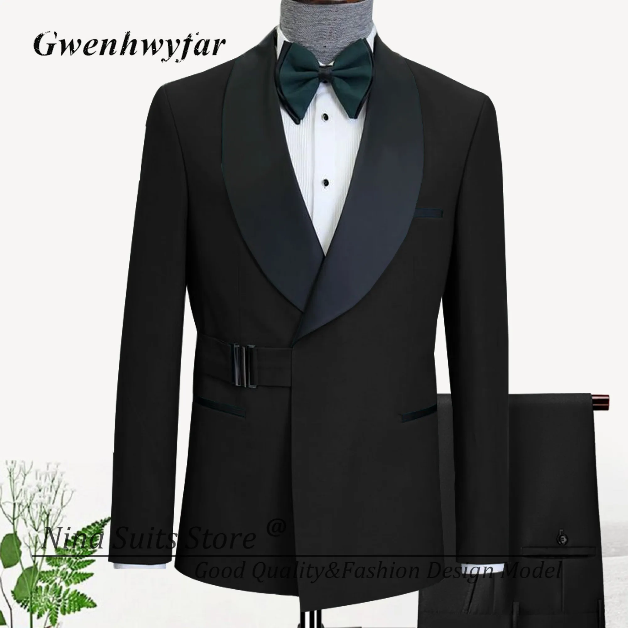 G&N Men Suit Grey Blazer with Black Buckle Fashion Designed Wedding Groom Tuxedos 2 Pieces Suit Shawl Lapel Jacket Pants set