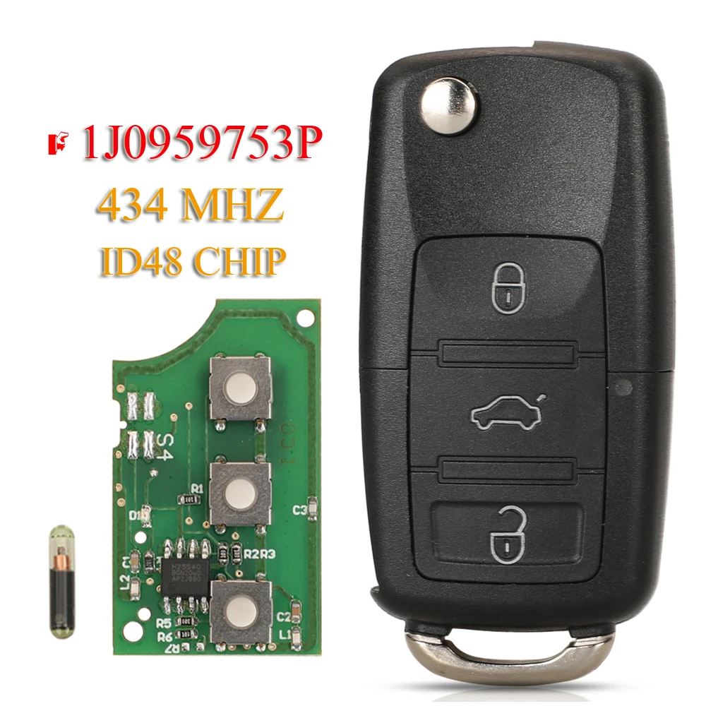

jingyuqin 1J0 959 753 P 3 Buttons Flip Remote Car Key Fob 434MHz For Volkswagen VW Beetle Golf Jetta Passat 2002-2005 1J0959753P