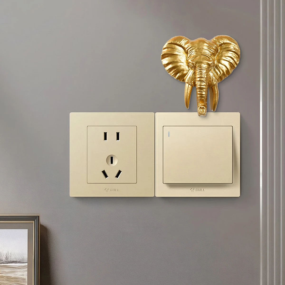 1PC, resin golden elephant head and lion head switch decorative stickers, modern resin material home decoration switch stickers