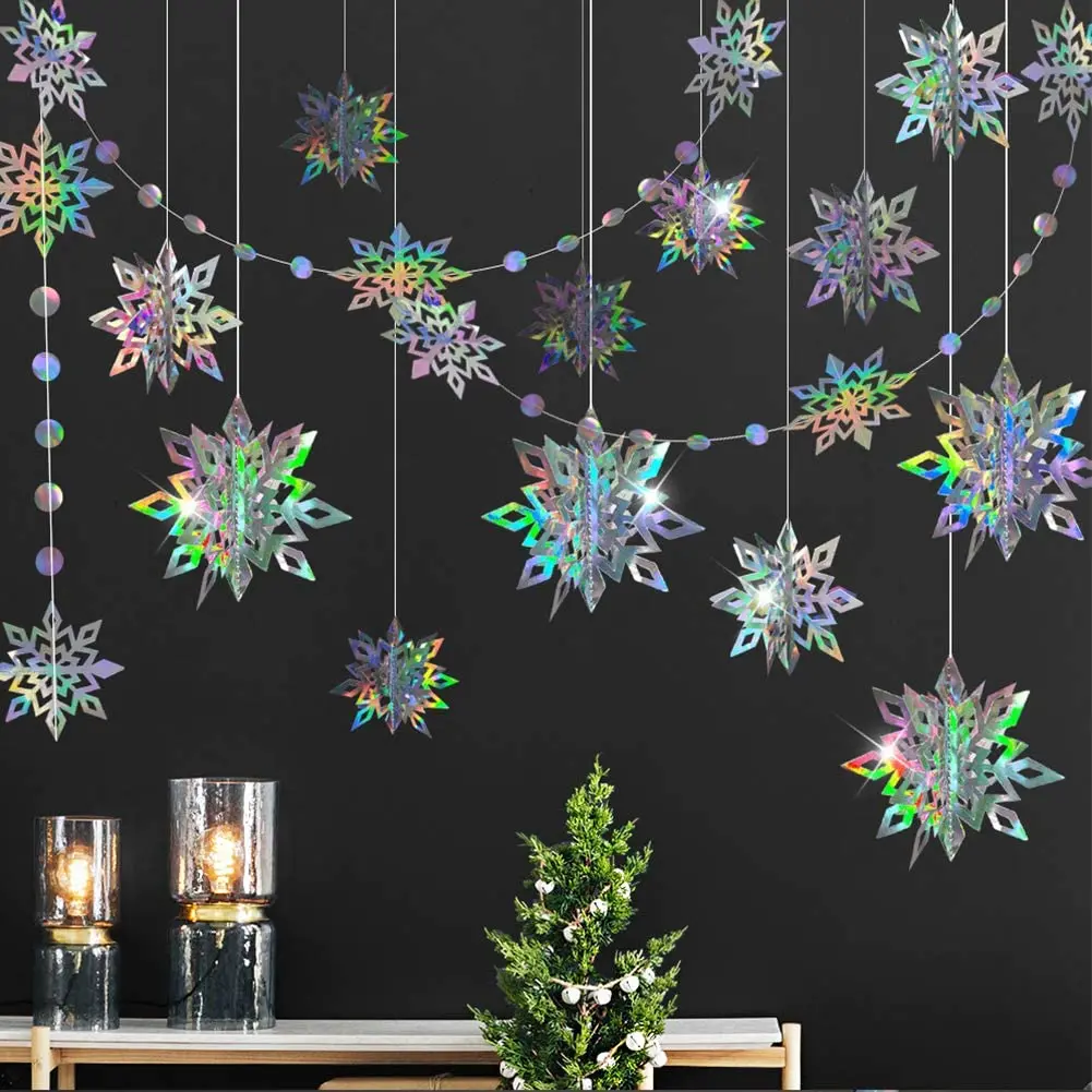 

Iridescent Winter Wonderland Christmas Party Snowflake Decorations Party Paper Snowflake Circle Garlands Banner Hanging Streamer