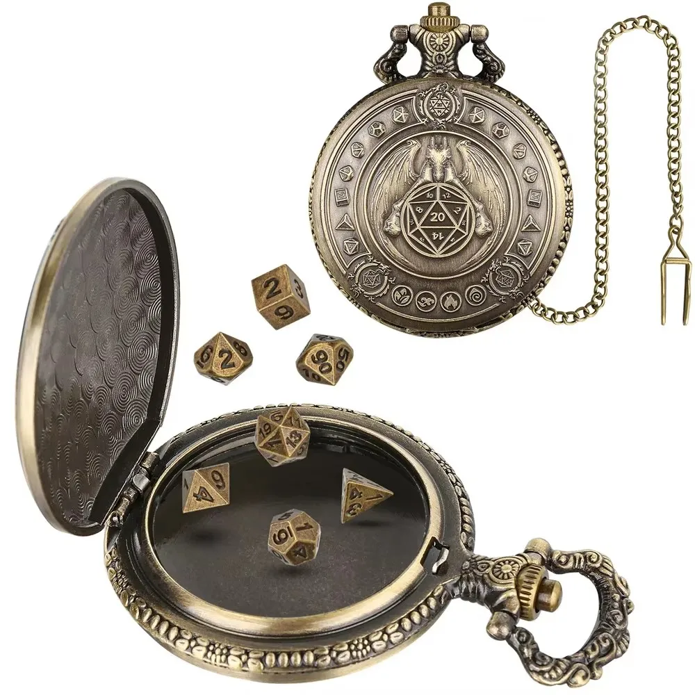 Vintage-Inspired Double Dragon DND Dice Jewelry Pocket Watch Case with 7 Metal Dice Set
