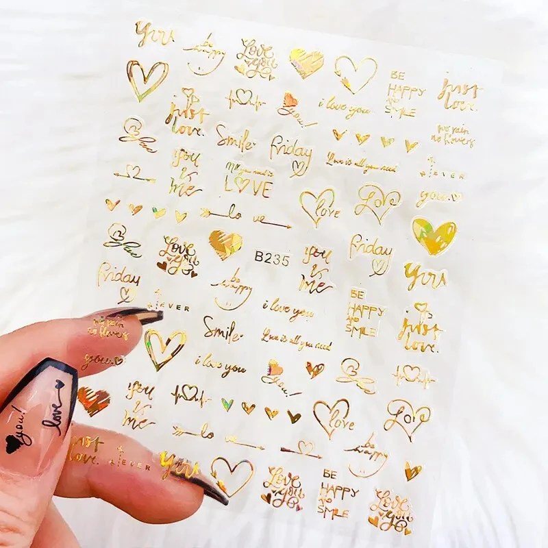 Nail Stickers 6Pcs/Pack Laser Gold Silver 3D Love Heart Letter Image Ins Style DIY Foils Accessories