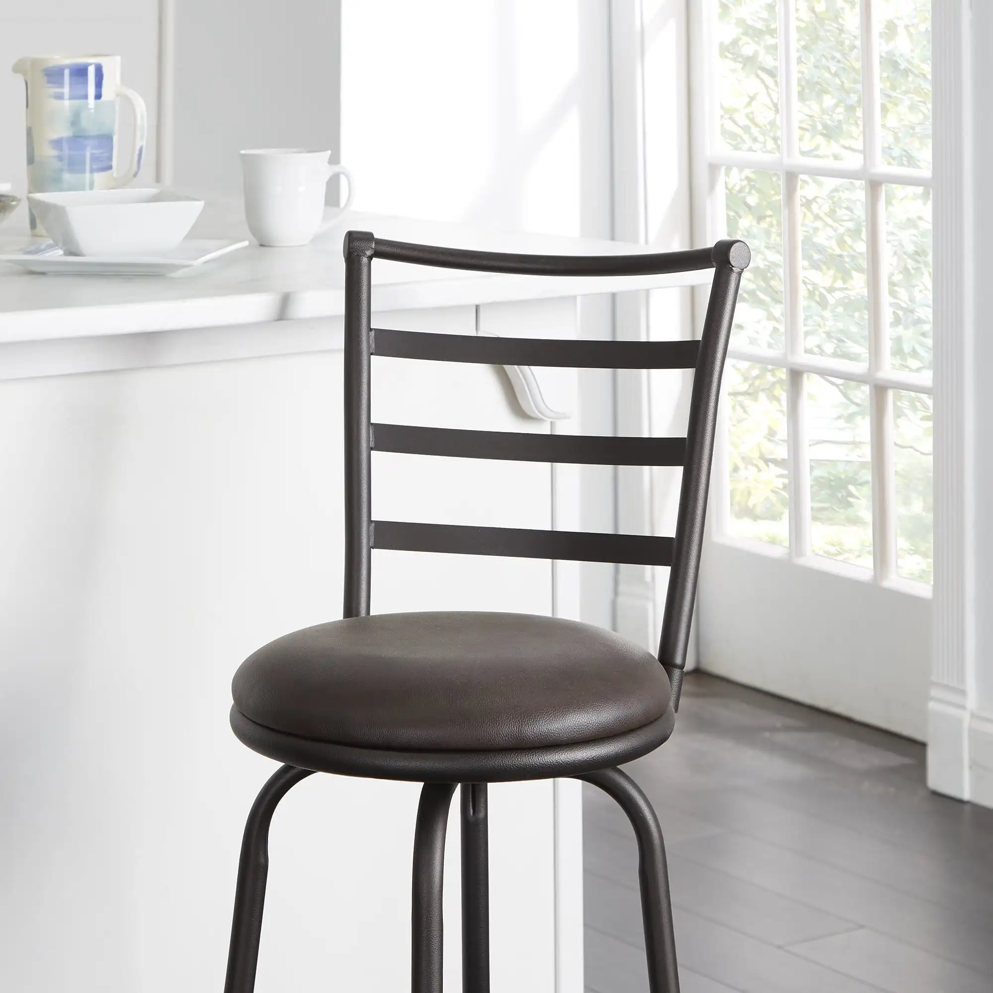 3-Pack Indoor Adjustable 24" or 29" Bronze Ladder Back Swivel Barstool, Espresso Vegan Leather Seat 2