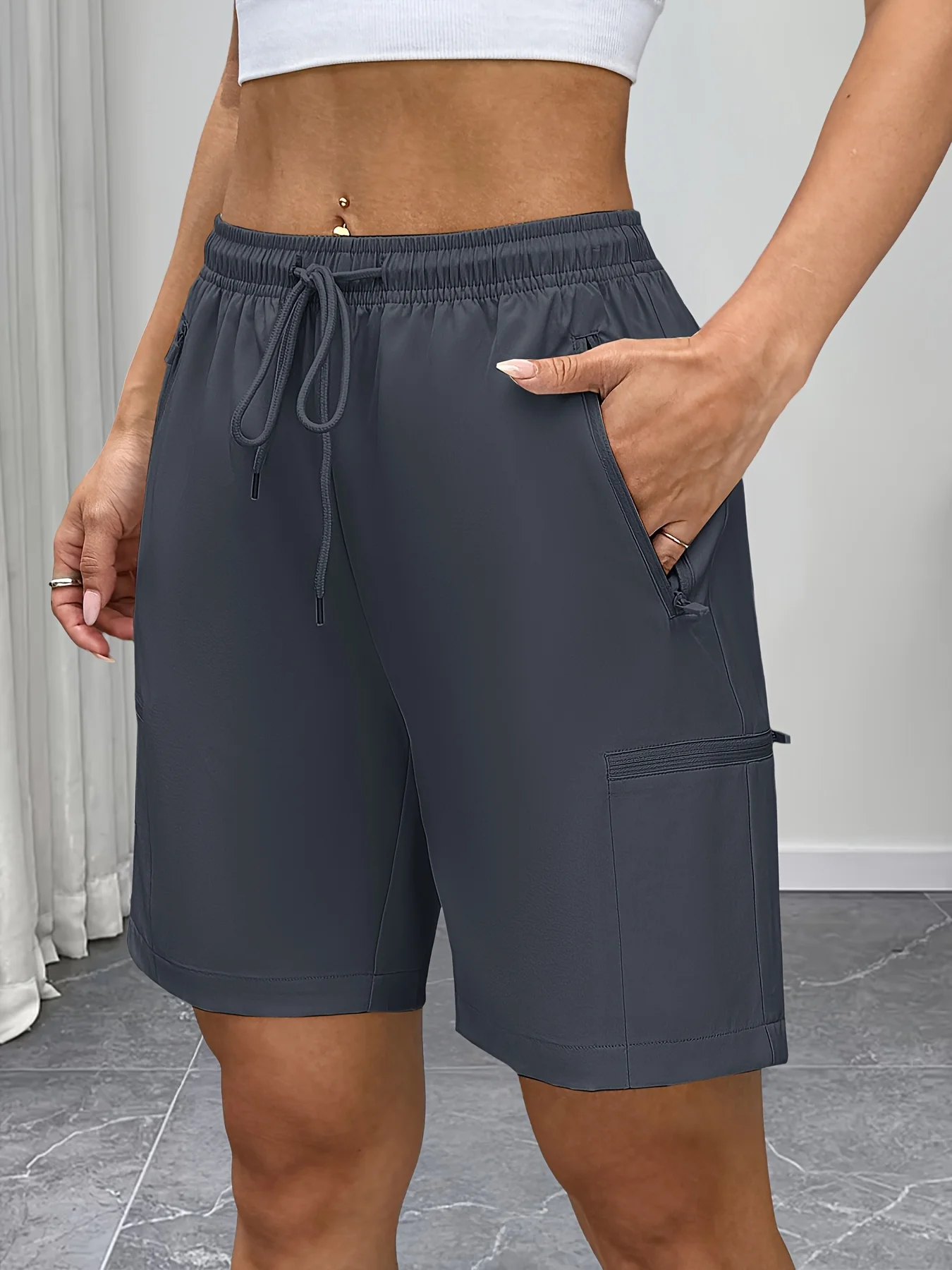 Damen-Wander-Cargo-Shorts, Sommer-Shorts für Sport, Golf, Training, 4 Reißverschlusstaschen, elastischer Bund, Kordelzug, Freizeitkleidung – Detail 9