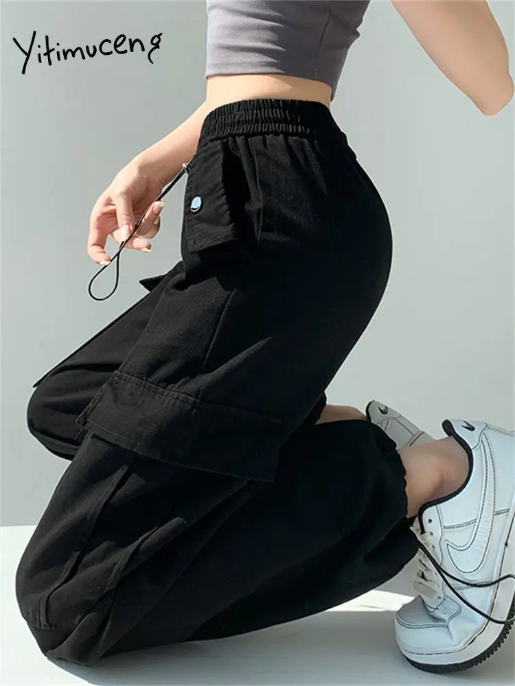 Yitimuceng Black Cargo Pants for Women 2023 New High Waisted Korean Fashion Baggy  Pants Chic Casual Full Length Wide Leg Pants - AliExpress