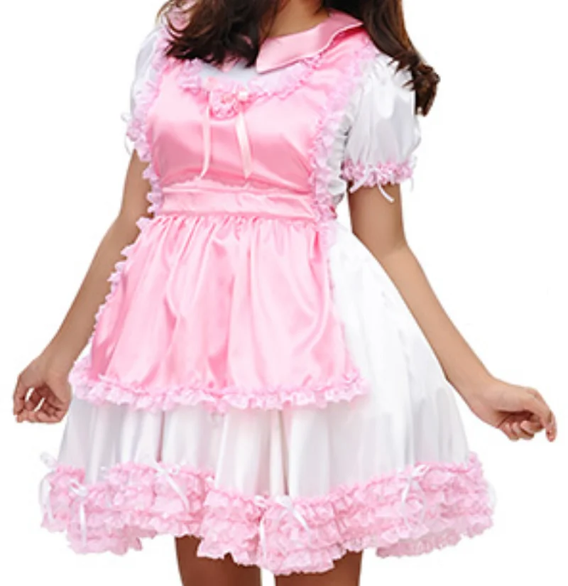 

Adult Giant Baby Sexy Girl White Satin Dress Pink Apron Sissy Crossdressing Role Play Makeup Ball Maid Multiple Lockable Options