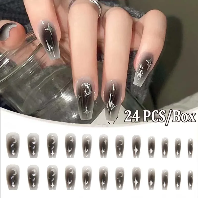Black Fake Nail Long Ballet Adesivo Riutilizzabile Acrilico Press On Set Nails Acrilico Scuro Unghie Finte Artificiali Suggerimenti Per Le Arti 24 Pz/