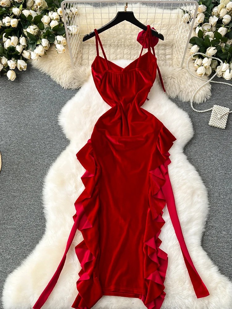 Women Red A-line Luxury Dress 90s Vintage 3D Floral Sleeveless