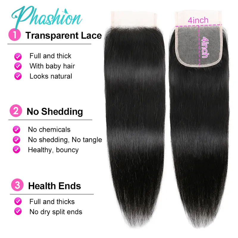 Phashion 24 26 Inch 5x5 4x4 Straight Lace Closure Only Pre Plucked Long Full Swiss Transparent Lace 100% Remy Human Hair On Sale - Image 4